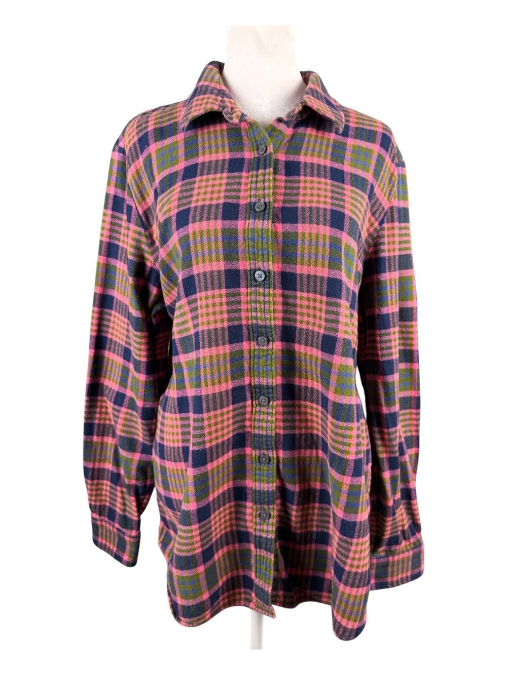Lands End Women's L Button Up Flannel Shirt Pink Navy Green Plaid 100% Cotton